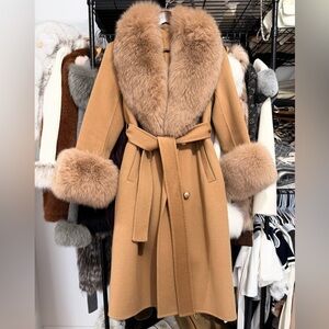 Luxury 100% Wool Belted Coat with Real Fox Fur Trim